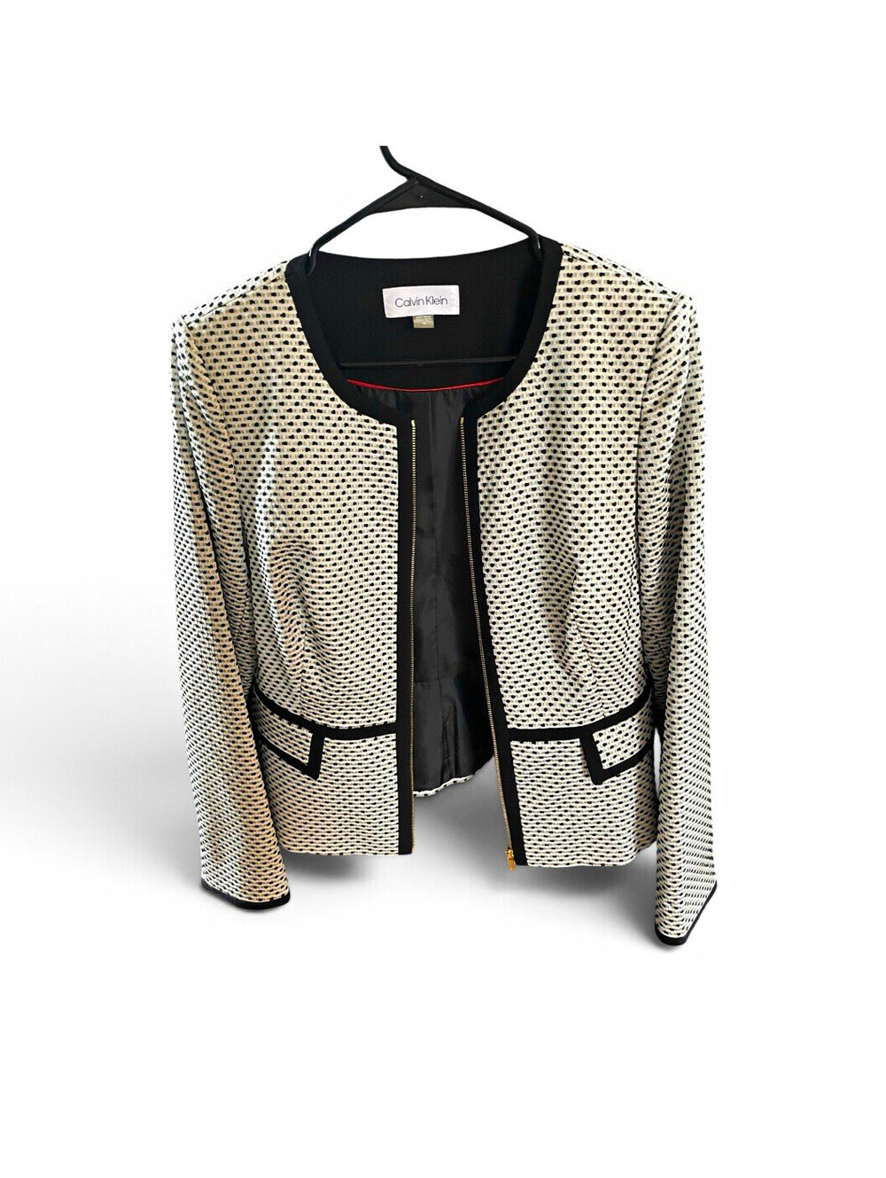 Calvin Klein Women’s Black/White Geometric Zip Front Lined Short Jacket 12